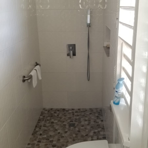Walk-in shower seaside bathroom